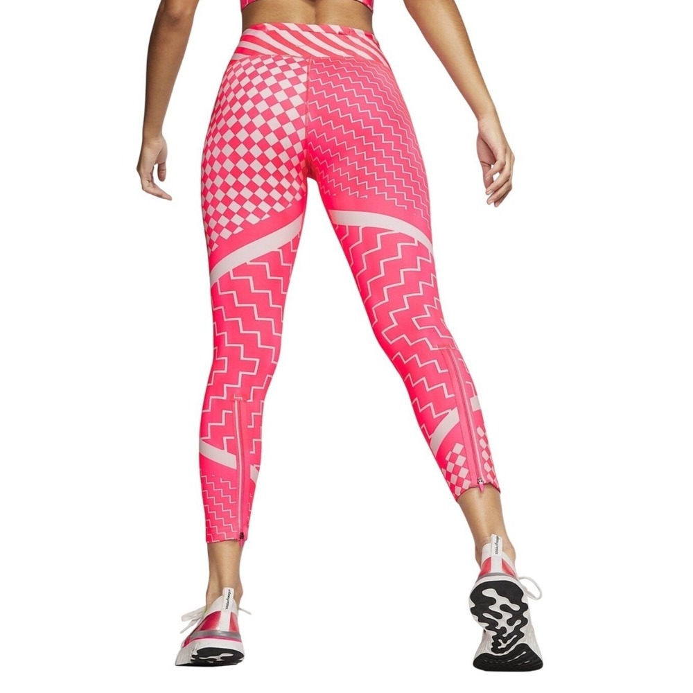 Nike Epic Lux Running Pink Grey Geometric Chevron Checkered Ankle Zip Tights S - Picture 3 of 10